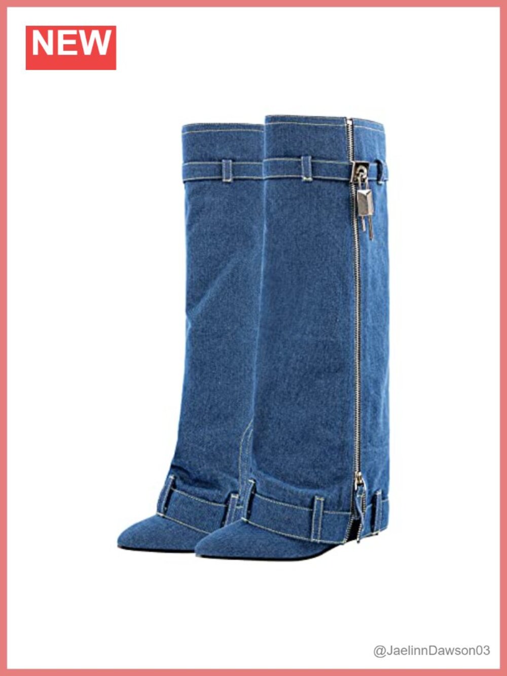 Faux Leather Denim Knee High Boots, Pointed Toe Wedge Heels